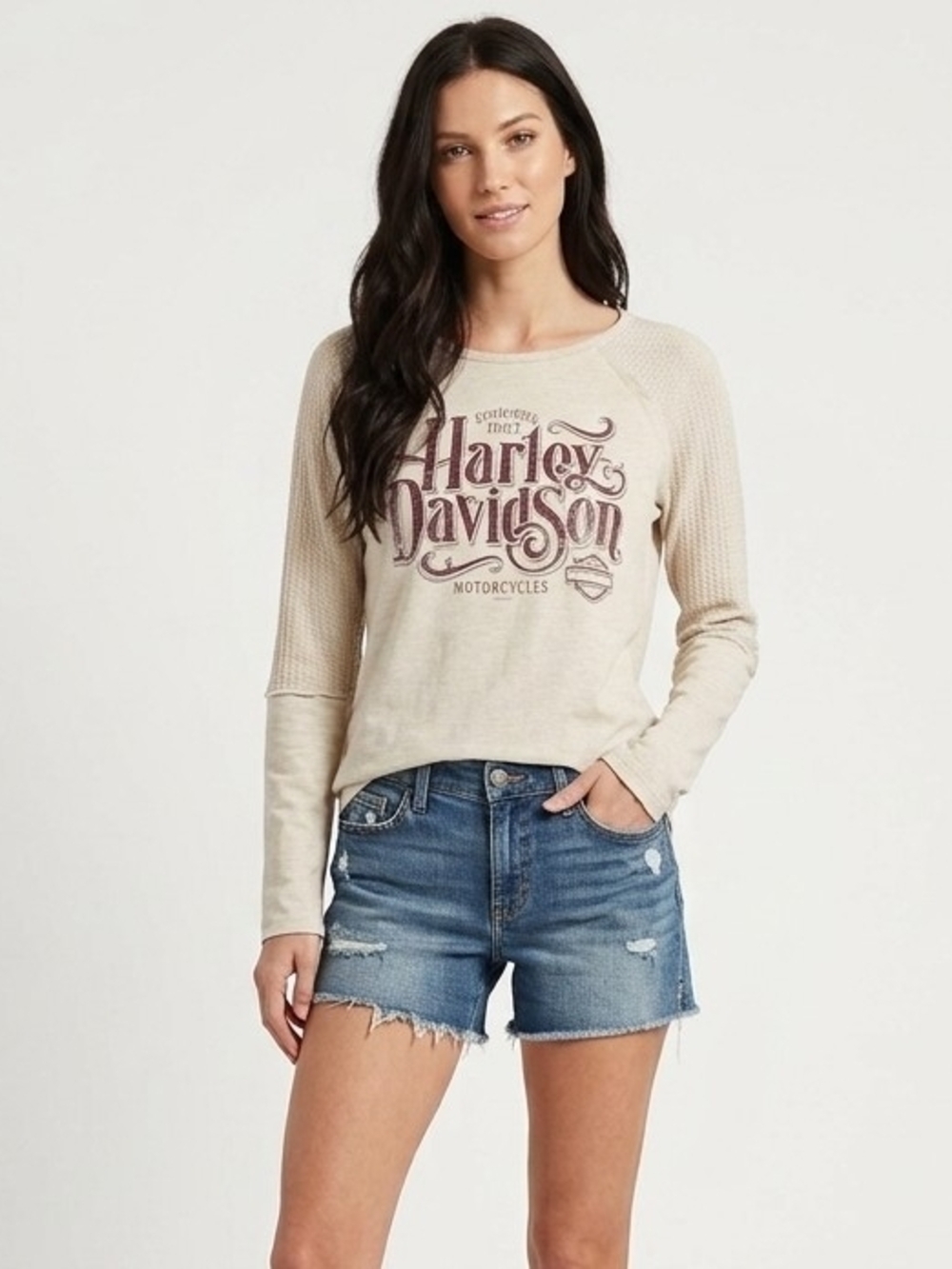 Vintage Harley-Davidson Textured Long-Sleeve Graphic Top In Cream - L